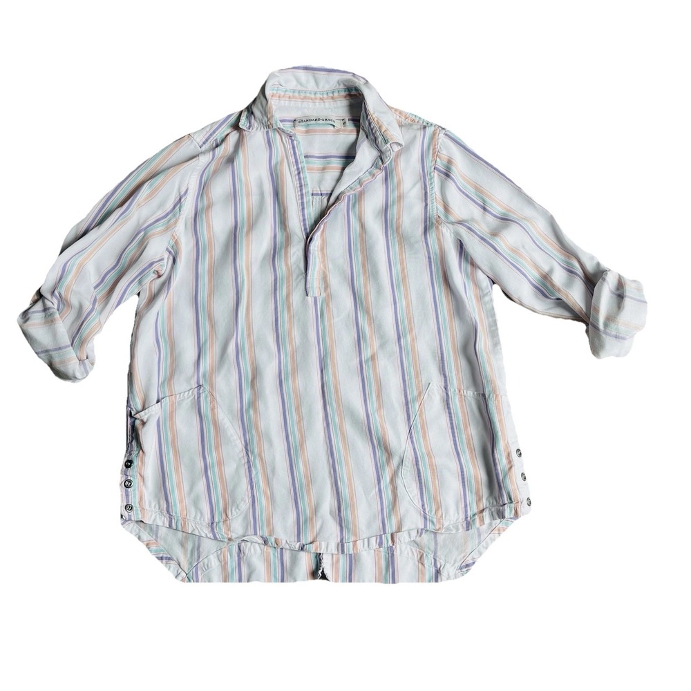 Standard Grace Women's‎ Pastel V-Neck Blouse Sz Large Stripe Button Sides Pocket